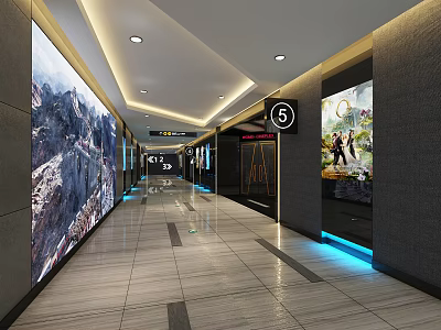 Modern Cinema Hallway With Large Screens Number 5 Sign And Modern Lighting Decoration 3d model