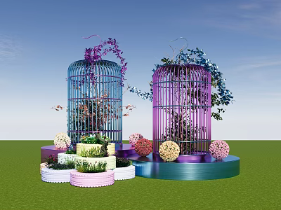 Blue And Pink Decorative Birdcages With Flowers On Round Bases In Green Grass 3d model