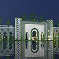 Ornate Stage With Green Domes Geometric Patterns Arched Doorways And Reflective Water Surface At Night