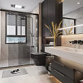 Modern Bathroom Interior With Glass Shower Enclosure Black Toilet And Marble Vanity