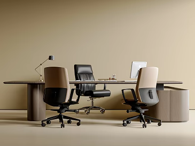 Modern Office Desk and Chair Set with Black Brown Beige Seats Table Lamp and Computer 3d model