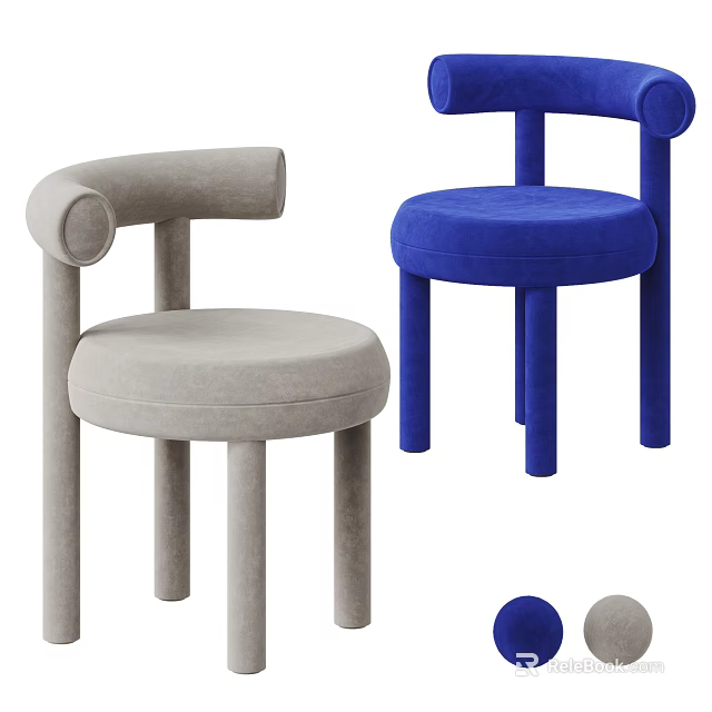 Modern Single Chair In Gray And Blue With Round Armrests And Cylindrical Legs 3d model 