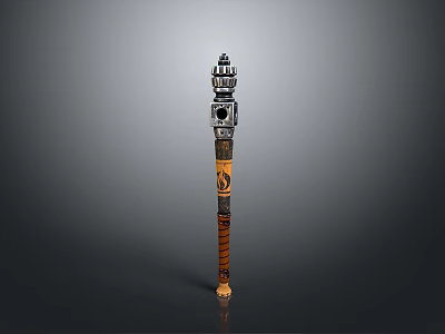 Ornate Weapon Staff Featuring Tower Shaped Top And Carved Wooden Shaft 3d model