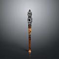 Ornate Weapon Staff Featuring Tower Shaped Top And Carved Wooden Shaft