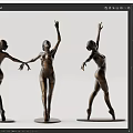 Three Bronze Ballerina Sculptures with Dancing Pose Artistic Design