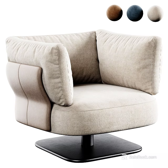 Light Beige Upholstered Leisure Chair With Wide Armrests And Black Round Base 3d model 