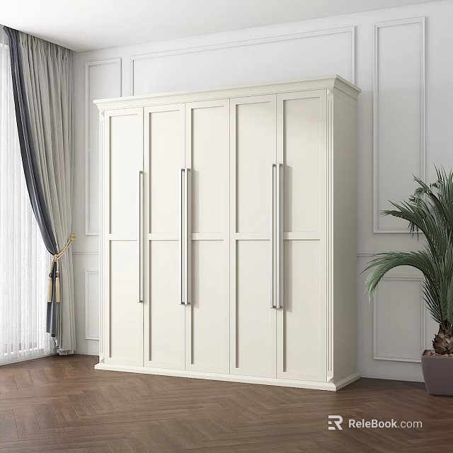 White Modern Wardrobe With Six Doors Silver Handles In Paneled Walls Wooden Floor Room 3d model 