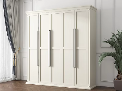 White Modern Wardrobe With Six Doors Silver Handles In Paneled Walls Wooden Floor Room 3d model