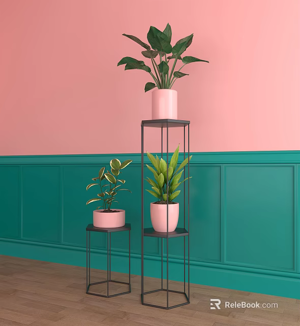 Three Bonsai Potted Plants On Black Metal Stands With Pink Teal Walls 3d model 