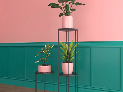 Three Bonsai Potted Plants On Black Metal Stands With Pink Teal Walls 3d model