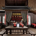 Traditional Chinese Restaurant Interior With Wooden Roof Clay Jars Tables And Decorative Lanterns