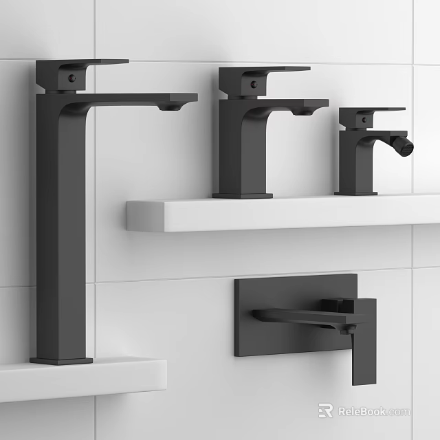 Sleek Black Modern Faucets In Various Styles On White Tile Wall Shelf 3d model 