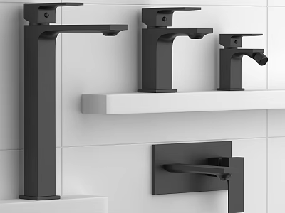 Sleek Black Modern Faucets In Various Styles On White Tile Wall Shelf 3d model