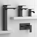 Sleek Black Modern Faucets In Various Styles On White Tile Wall Shelf