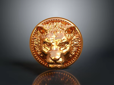 Golden Circular Lion Head Emblem With Decorative Texture And Detailed Facial Features 3d model