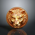 Golden Circular Lion Head Emblem With Decorative Texture And Detailed Facial Features