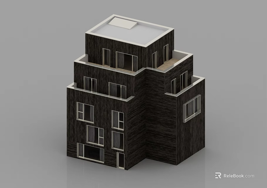 Three Story Stacked Black Wooden House With Multiple Windows And Flat Roof 3d model 