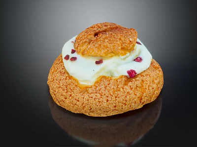 Delicious Golden Crispy Pastry With Cream Topping And Red Berry Garnish 3d model