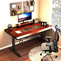 Modern Wooden Home Office Desk With Monitor Keyboard Mouse Pad Notebook Calendar And Chair