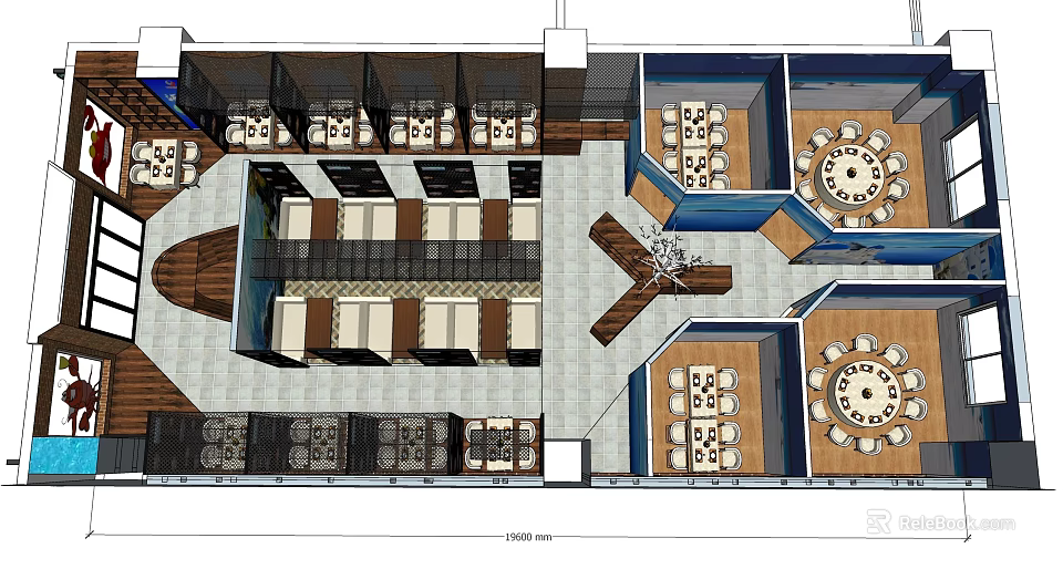 Restaurant Floor Plan With Multiple Seating Areas And Round Tables Layout 3d model
