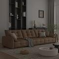 Modern Living Room Brown Leather Sofa Coffee Table Set With Pillows Throw Blanket And Plants