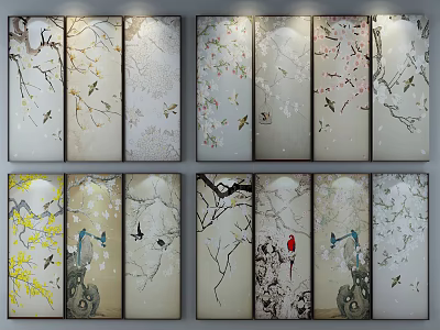 Traditional Botanical Paintings With Cherry Blossom Branches Birds And Multi Panel Design 3d model