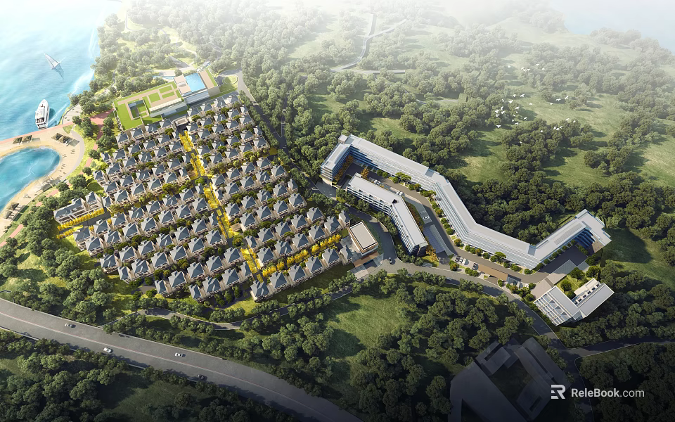 Aerial View Planning of Neatly Arranged Residential Houses With Large Curved Building and Greenery 3d model 