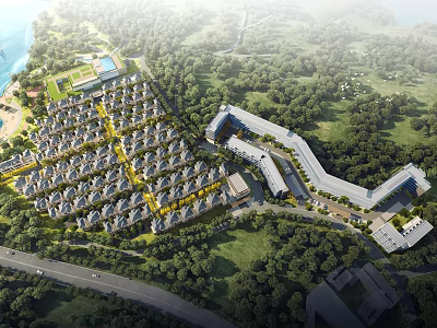 Aerial View Planning of Neatly Arranged Residential Houses With Large Curved Building and Greenery 3d model