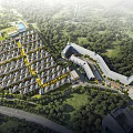 Aerial View Planning of Neatly Arranged Residential Houses With Large Curved Building and Greenery