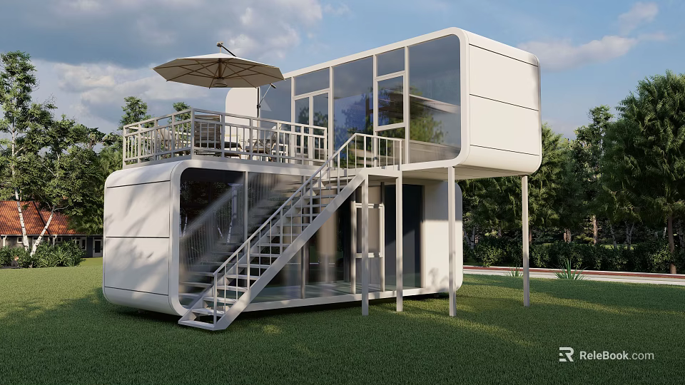 White Container Building with Glass Windows Terrace and Staircase in Green Grass 3d model 