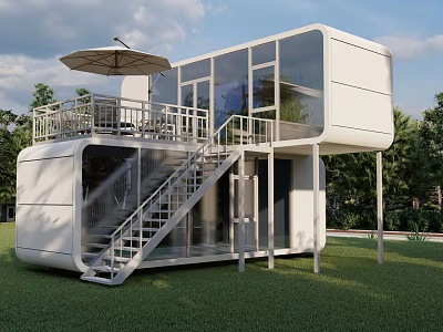 White Container Building with Glass Windows Terrace and Staircase in Green Grass 3d model