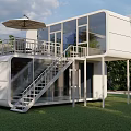 White Container Building with Glass Windows Terrace and Staircase in Green Grass