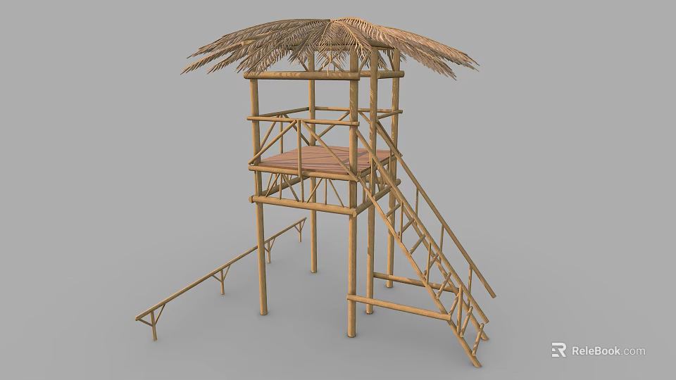 Wooden House With Thatched Roof Bamboo Structure Ladder And Outdoor Platform Design 3d model 