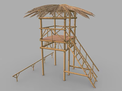 Wooden House With Thatched Roof Bamboo Structure Ladder And Outdoor Platform Design 3d model