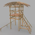 Wooden House With Thatched Roof Bamboo Structure Ladder And Outdoor Platform Design