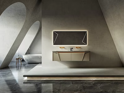Sleek Modern Washbasin In Bathroom With LED Lit Mirror And Concrete Walls 3d model