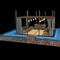 Outdoor Wooden Pergola Lounge With Curtains Hanging Lights Sofa Chairs And Water Elements