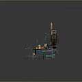 Fantasy Circular Stone Platform With Archway Golden Eye Symbol Arrows Water And Blue Glowing Particles