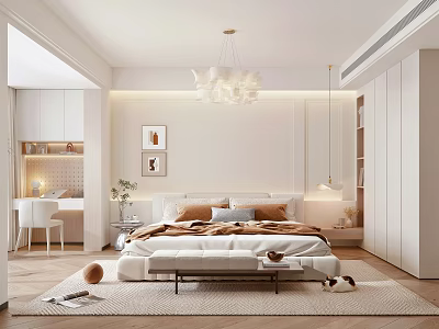 Modern Bedroom Interior With White Bed Chandelier Decorative Paintings And Bench 3d model