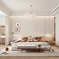 Modern Bedroom Interior With White Bed Chandelier Decorative Paintings And Bench
