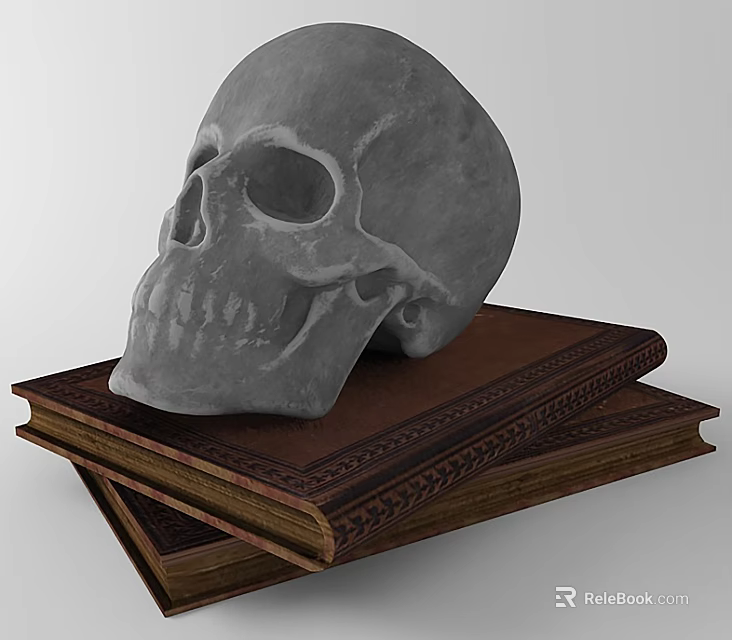 Vintage Decorative Ornament Set With Gray Skull On Stacked Old Books 3d model 
