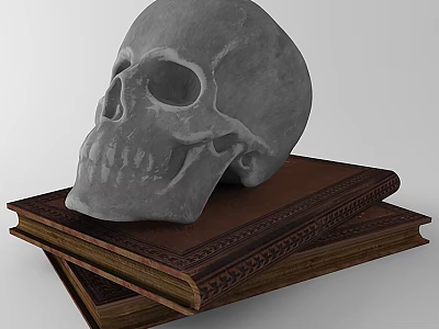 Vintage Decorative Ornament Set With Gray Skull On Stacked Old Books 3d model