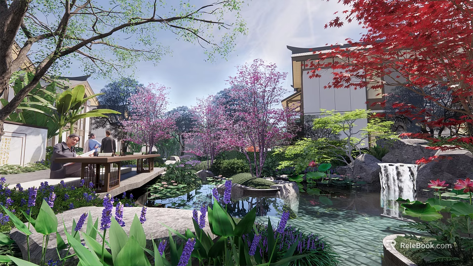 Rockery Stones in Serene Garden with Pond Waterfall Cherry Blossom Trees and Wooden Bridge 3d model 