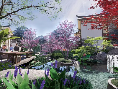 Rockery Stones in Serene Garden with Pond Waterfall Cherry Blossom Trees and Wooden Bridge 3d model