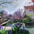 Rockery Stones in Serene Garden with Pond Waterfall Cherry Blossom Trees and Wooden Bridge