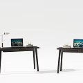 Modern Wooden Desk Setup With Laptop Table Lamp And Decorative Items