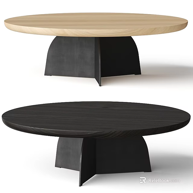 Round Coffee Table With Wooden Top And Black Base Modern Design 3d model