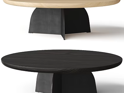Round Coffee Table With Wooden Top And Black Base Modern Design 3d model