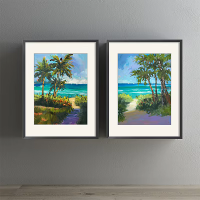 Framed Beach Landscape Paintings With Palm Trees Blue Sea Sky Path And Greenery 3d model