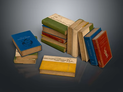 Vintage Old Books With Various Colored Covers Stacked And Placed On Dark Background 3d model